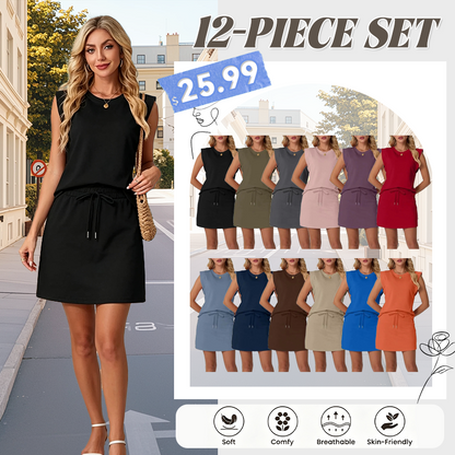 Women's Summer 2 Piece Skort Set Cap Sleeve Round Neck Top