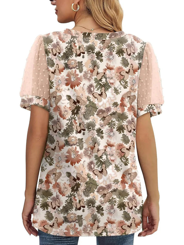 Women's Printed V Neck Swiss Dot Puff Sleeve Loose Casual T-Shirt
