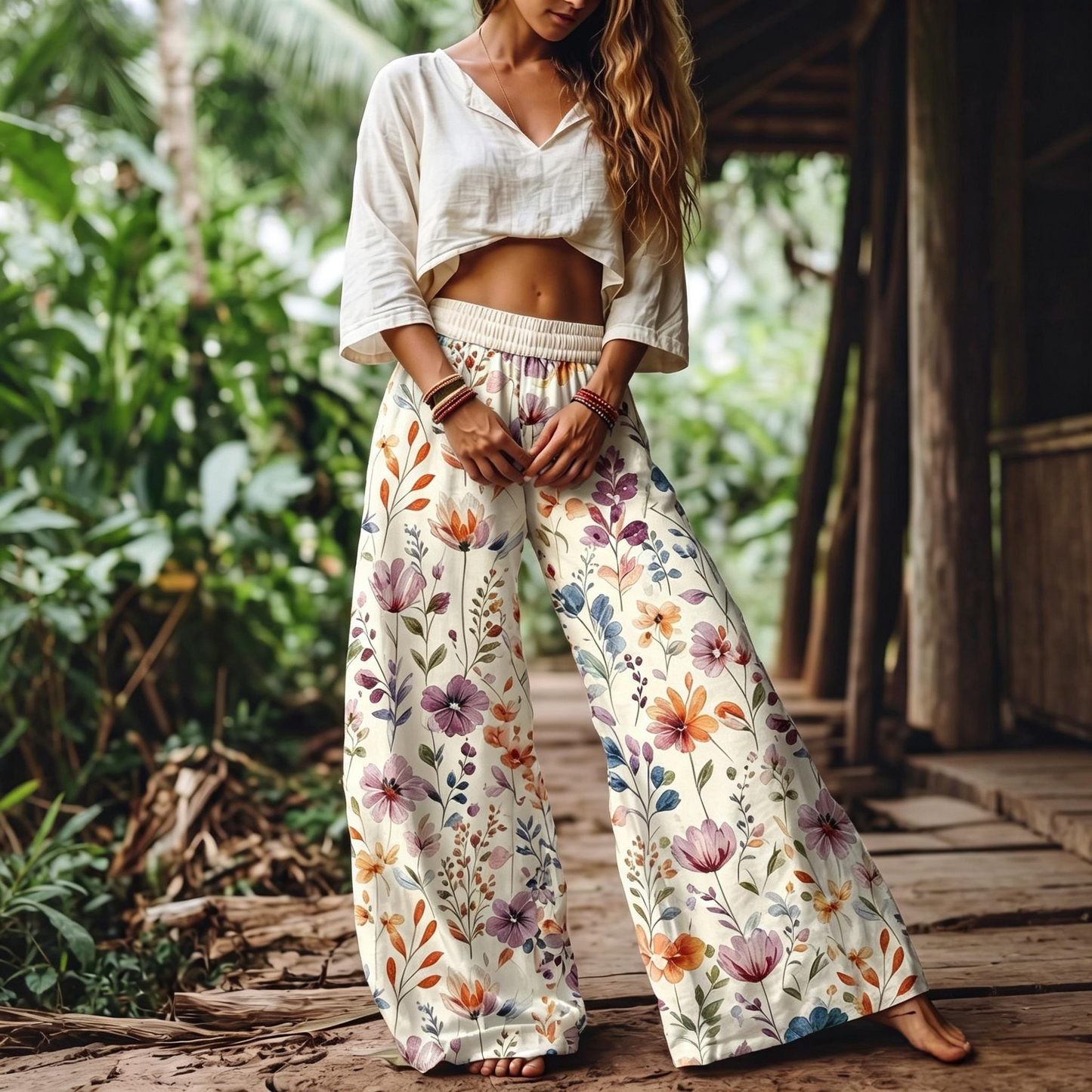 【LAST DAY SALE】Women's Casual Bohemian Style Floral Print Wide Leg Pant