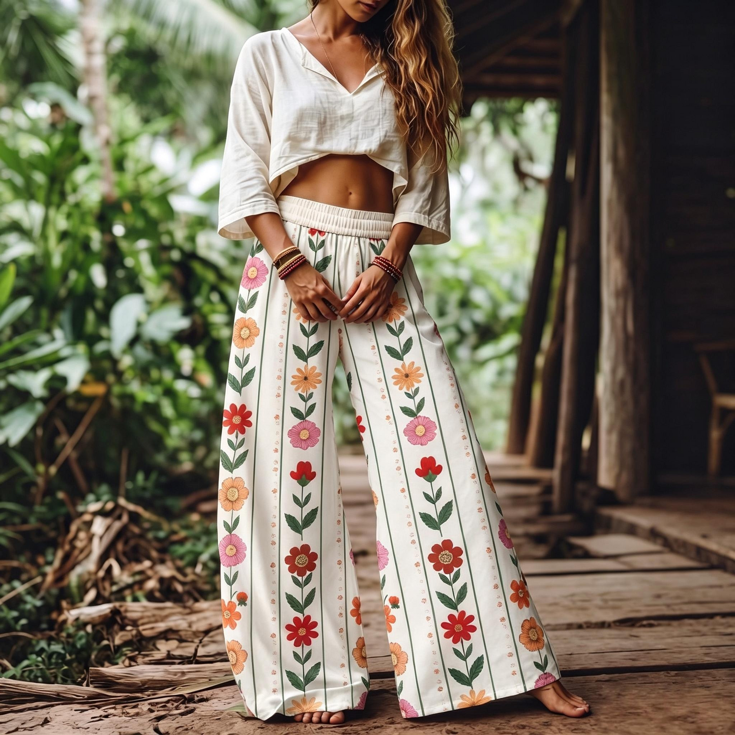 【LAST DAY SALE】Women's Casual Bohemian Style Floral Print Wide Leg Pant