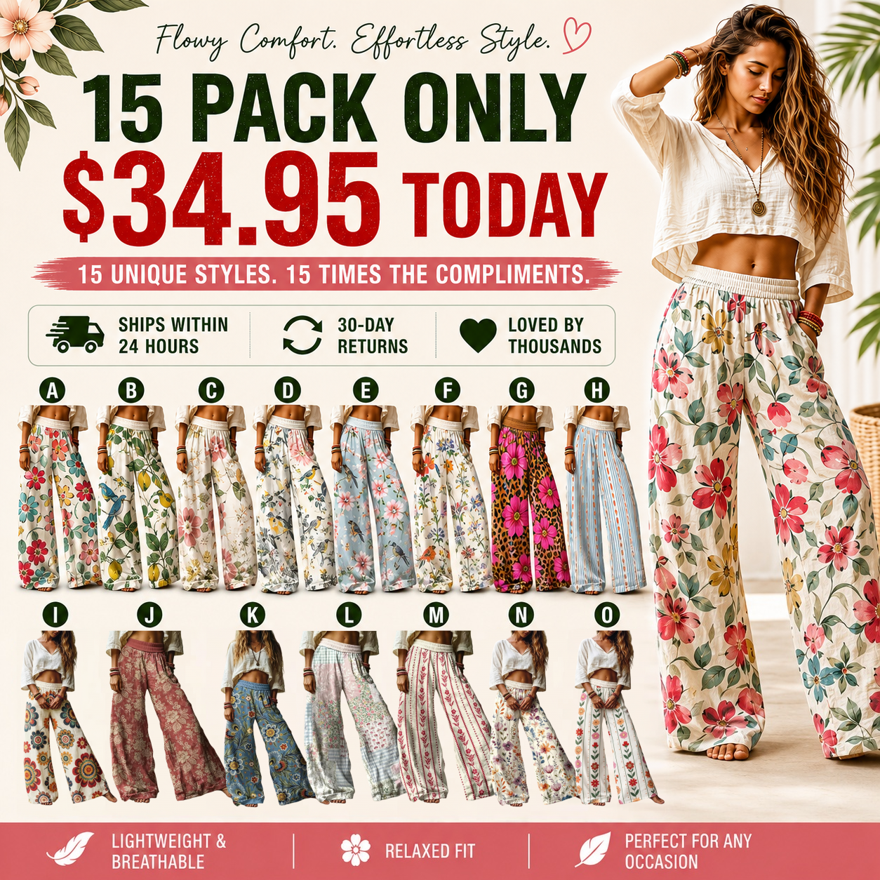 【LAST DAY SALE】Women's Casual Bohemian Style Floral Print Wide Leg Pant