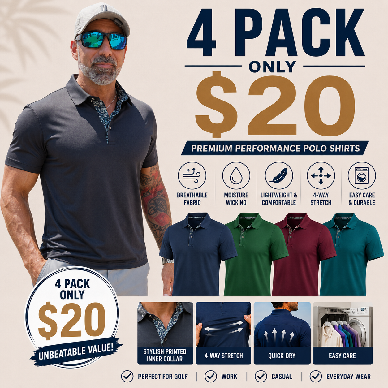 Men's Polo Shirts (Multi-Pack) — Soft, Breathable Pure Cotton Material