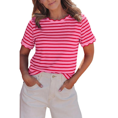 Women's Top Stripe Scalloped Trim Round Neck T Shirt