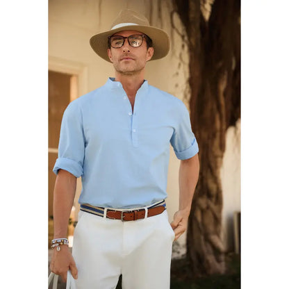 Men's Linen Shirts Casual Cotton 3/4 Sleeve Regular-Fit Henley T-Shirt