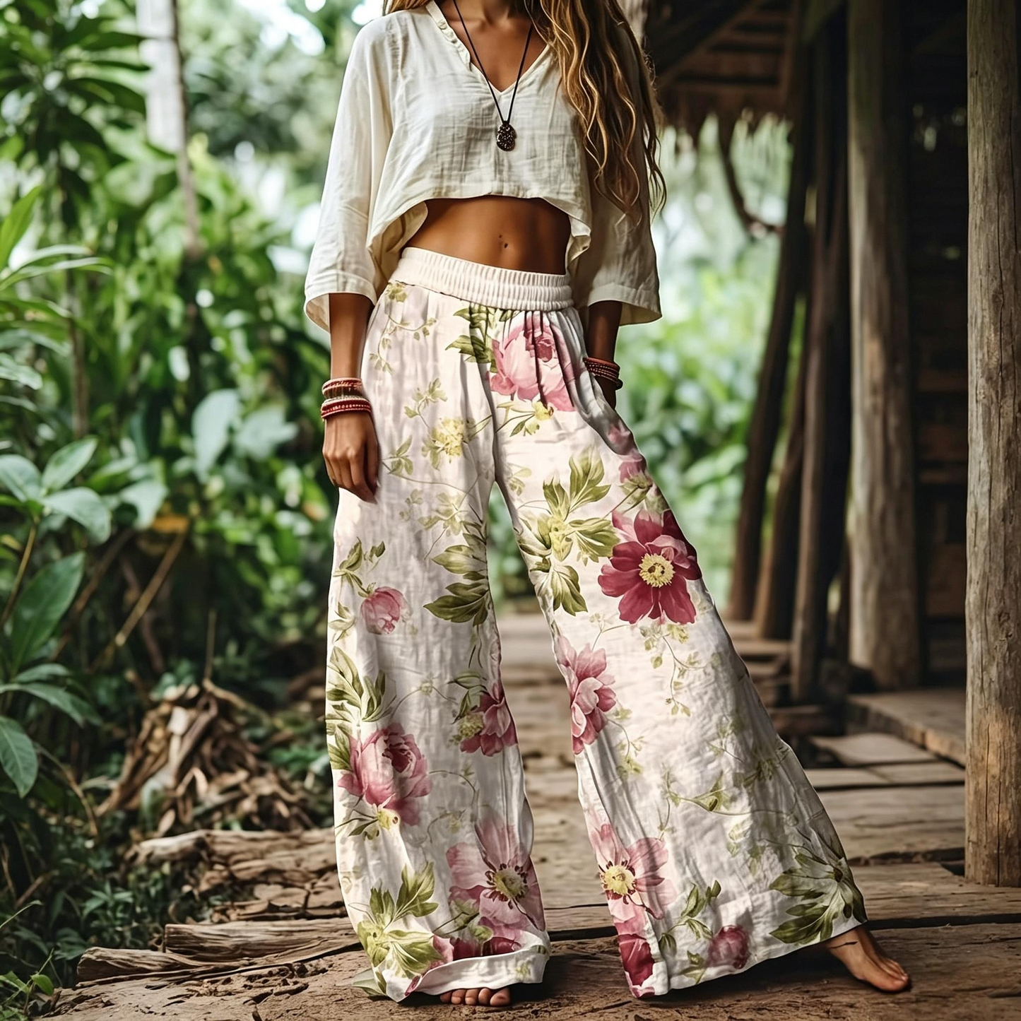 【LAST DAY SALE】Women's Casual Bohemian Style Floral Print Wide Leg Pant