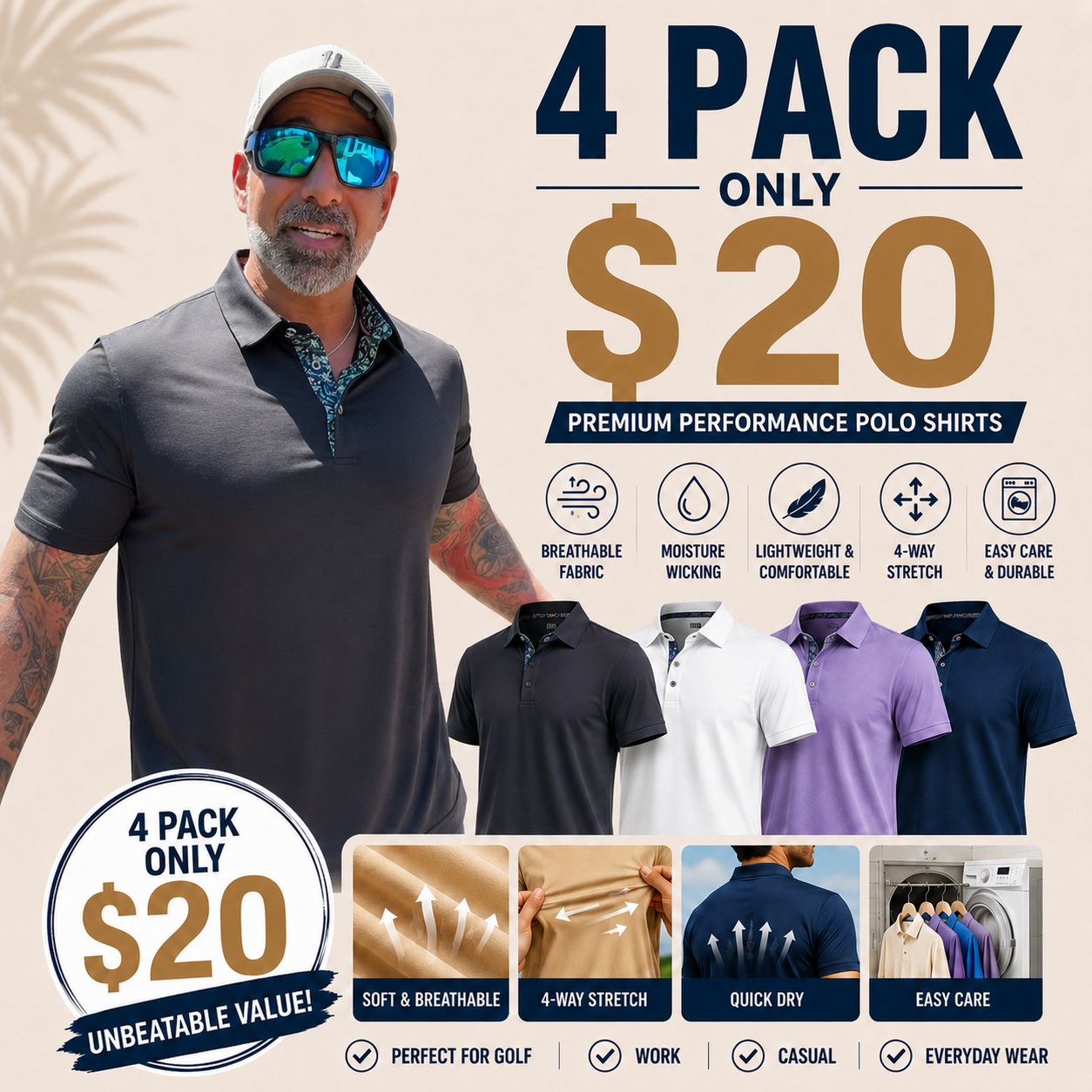 Men's Polo Shirts (Multi-Pack) — Soft, Breathable Pure Cotton Material