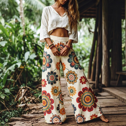 【LAST DAY SALE】Women's Casual Bohemian Style Floral Print Wide Leg Pant