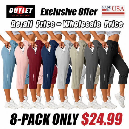 🔥8-Packs $24.99🔥Women's Capris Pants - Summer Drawstring Waist, Zippered Pockets