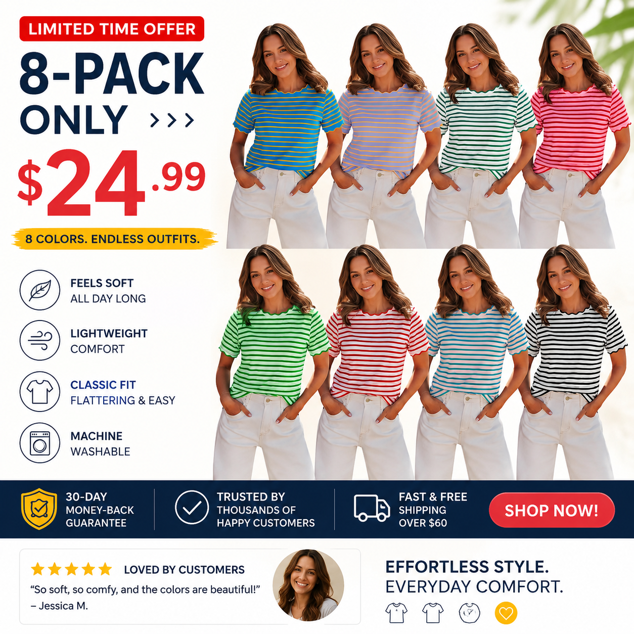 Women's Top Stripe Scalloped Trim Round Neck T Shirt
