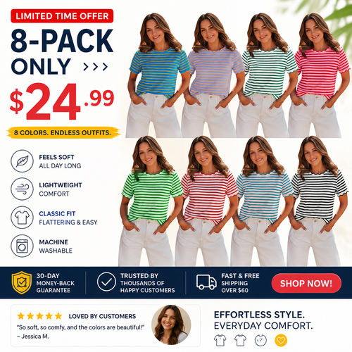 Women's Top Stripe Scalloped Trim Round Neck T Shirt