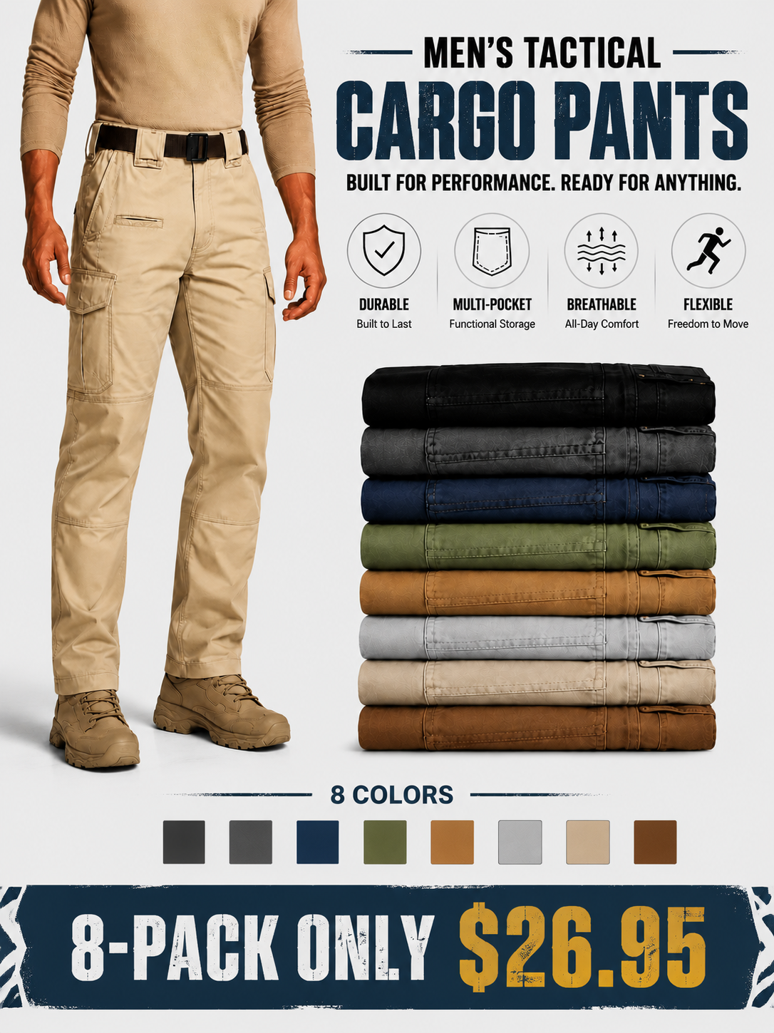 Men's Flex Stretch Tactical Pants, Water Resistant Ripstop Cargo Pants