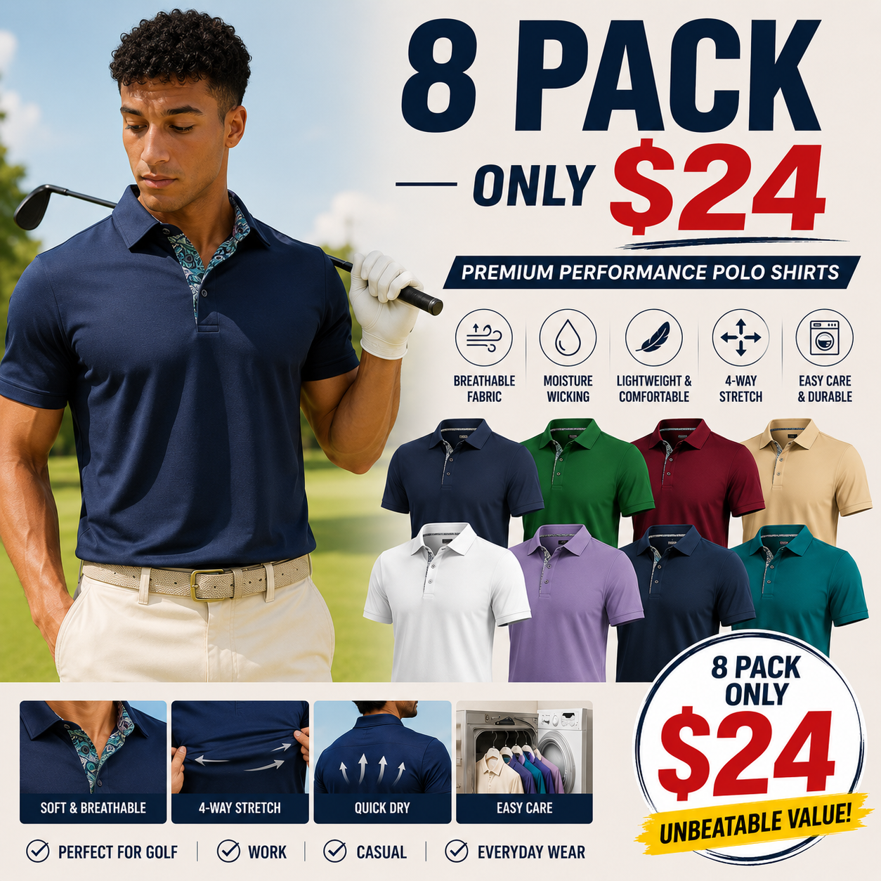 Men's Polo Shirts (Multi-Pack) — Soft, Breathable Pure Cotton Material