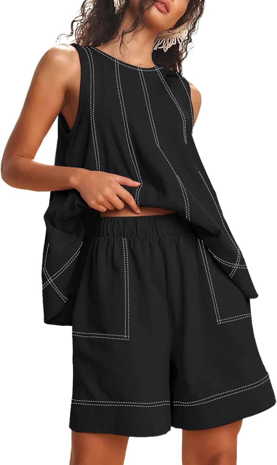 Womens 2 piece Outfits Sleeveless Matching Sets A Line Tank Tops Contrast Stitching High Waist Shorts with Pockets