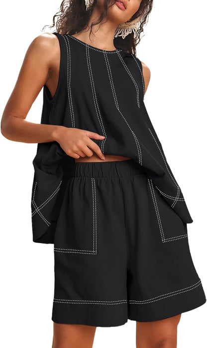 Womens 2 piece Outfits Sleeveless Matching Sets A Line Tank Tops Contrast Stitching High Waist Shorts with Pockets