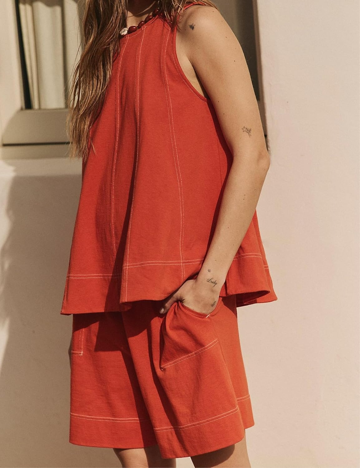Womens 2 piece Outfits Sleeveless Matching Sets A Line Tank Tops Contrast Stitching High Waist Shorts with Pockets