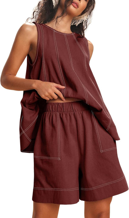 Womens 2 piece Outfits Sleeveless Matching Sets A Line Tank Tops Contrast Stitching High Waist Shorts with Pockets