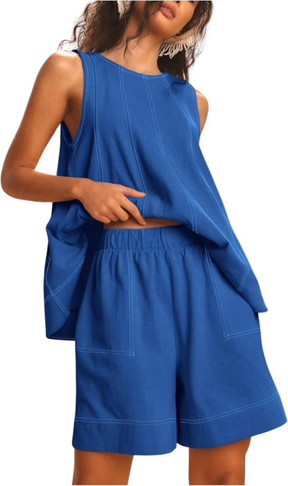 Womens 2 piece Outfits Sleeveless Matching Sets A Line Tank Tops Contrast Stitching High Waist Shorts with Pockets