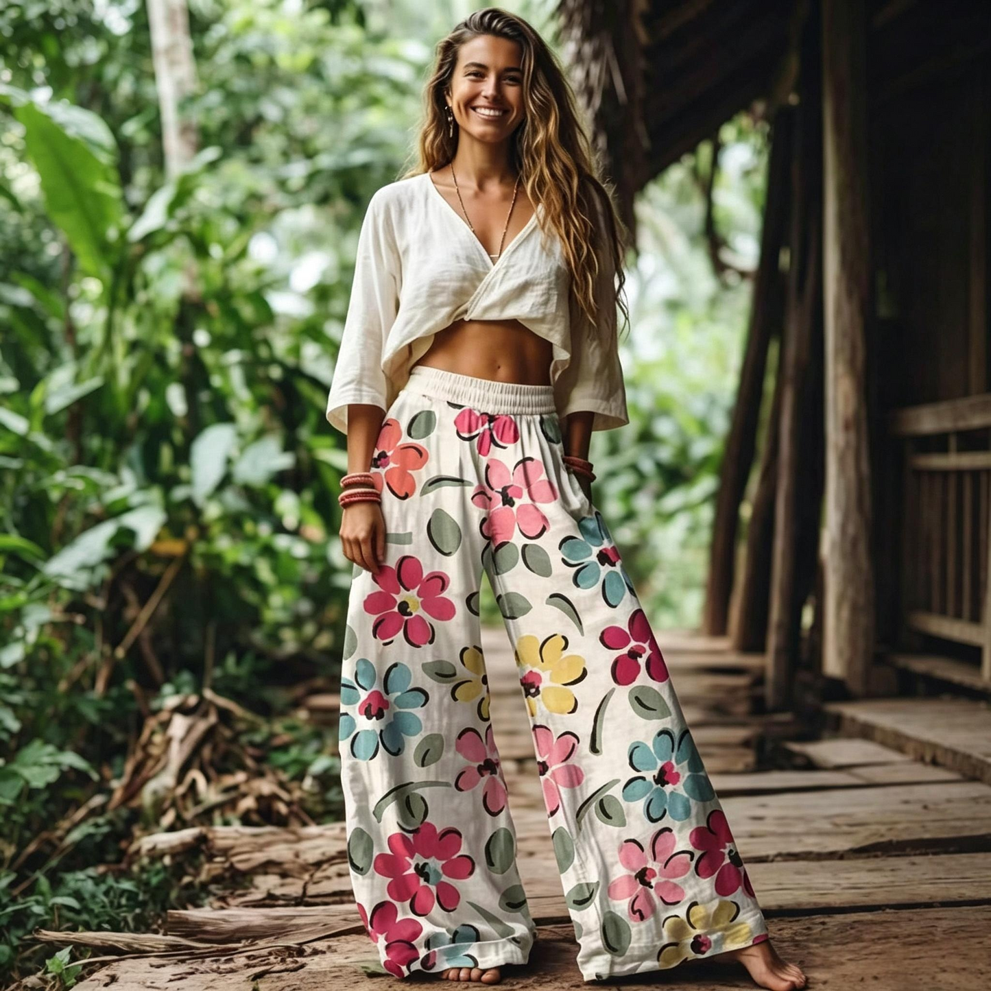【LAST DAY SALE】Women's Casual Bohemian Style Floral Print Wide Leg Pant