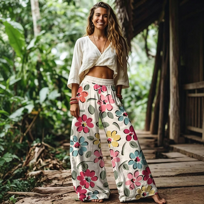 【LAST DAY SALE】Women's Casual Bohemian Style Floral Print Wide Leg Pant
